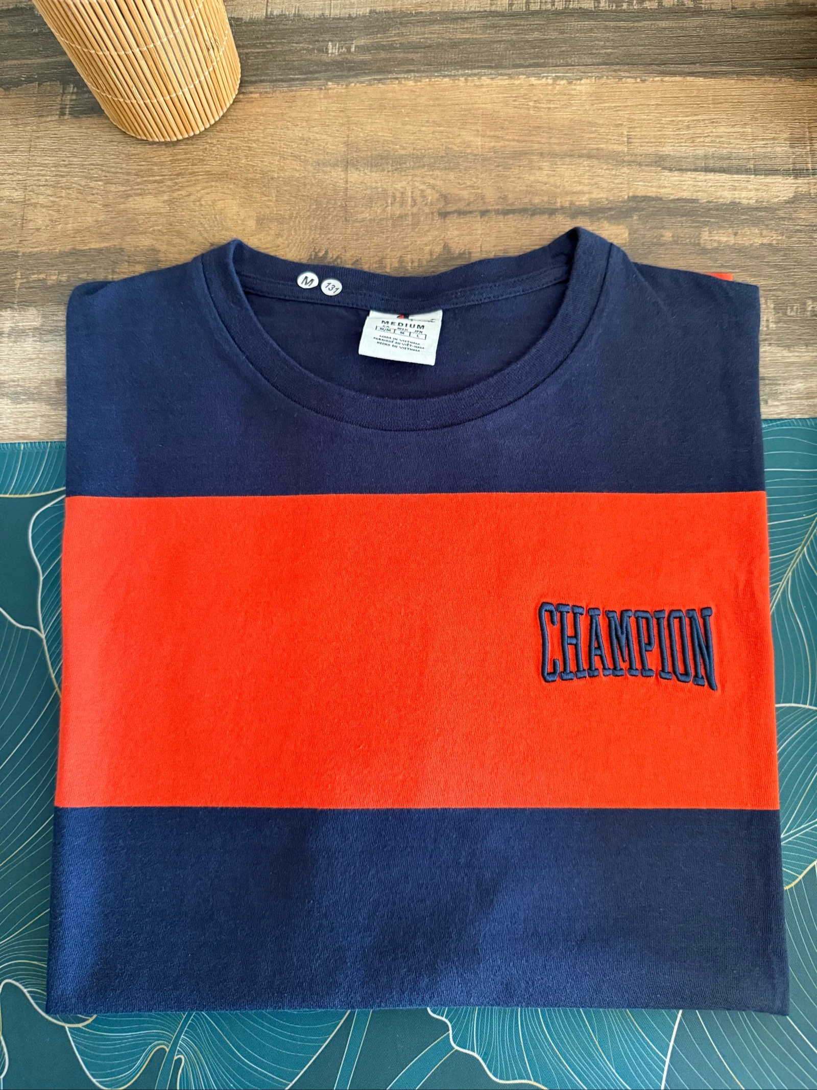 Heren T-shirt Champion M Oversize – Marineblauw Rood – Geborduurd – Zeer Goede Staat – photo 3